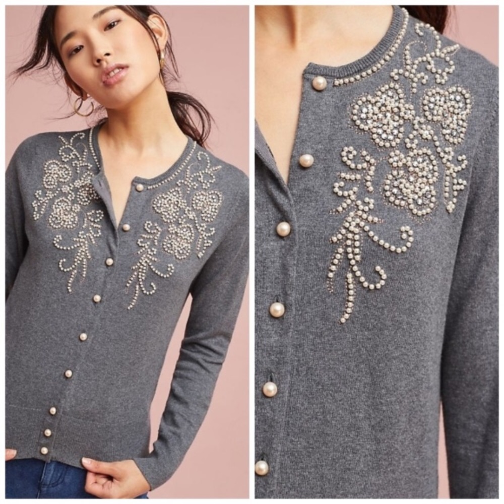 Anthropologie Pearl Embellished Floral Cardigan